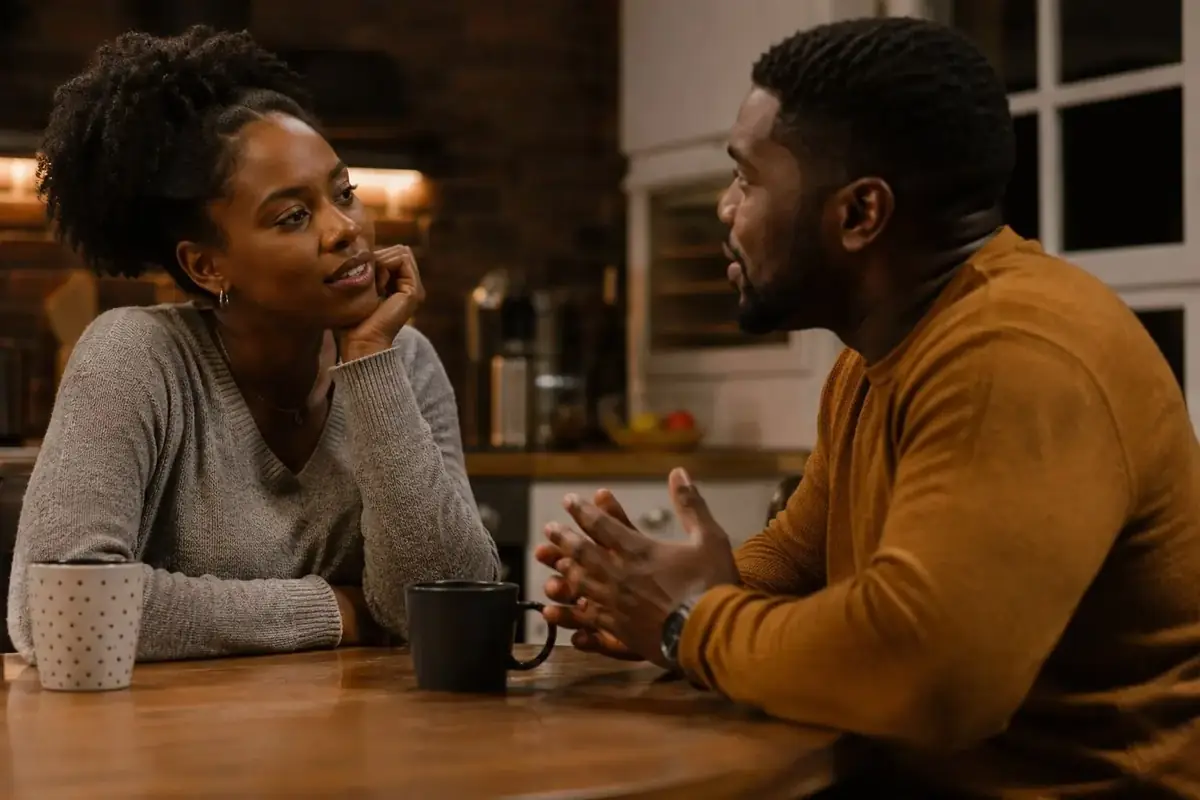 An engaged couple mid-conversation across a table. One talking, one listening.