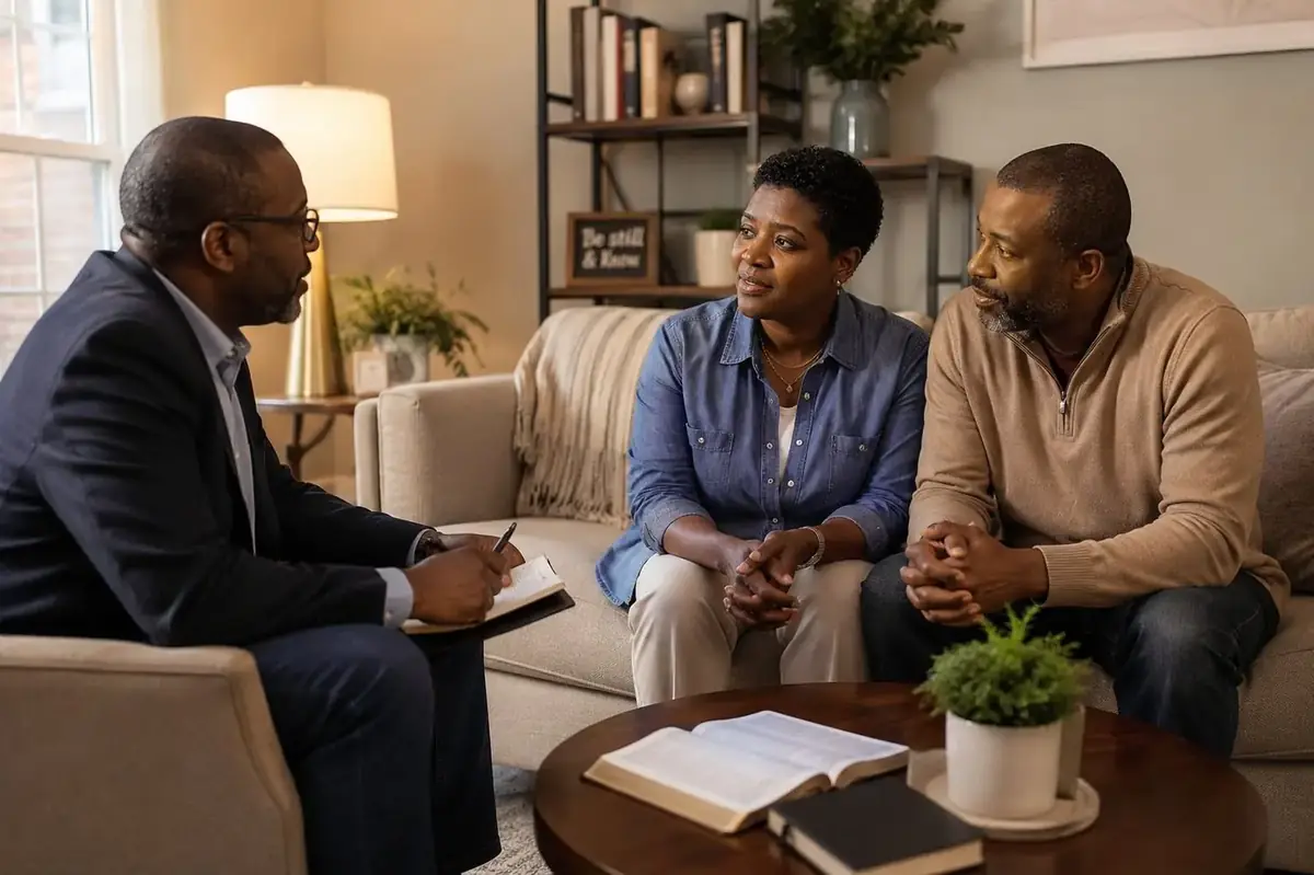 A pastor in conversation with a couple