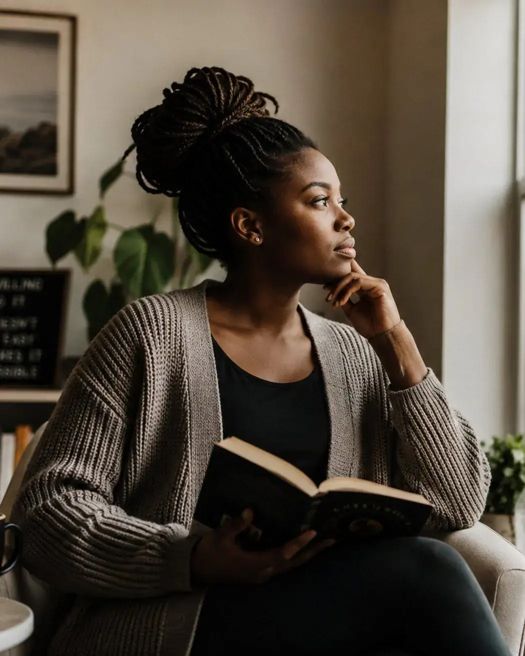 A woman alone. Reading, walking, at a window. Quiet strength.